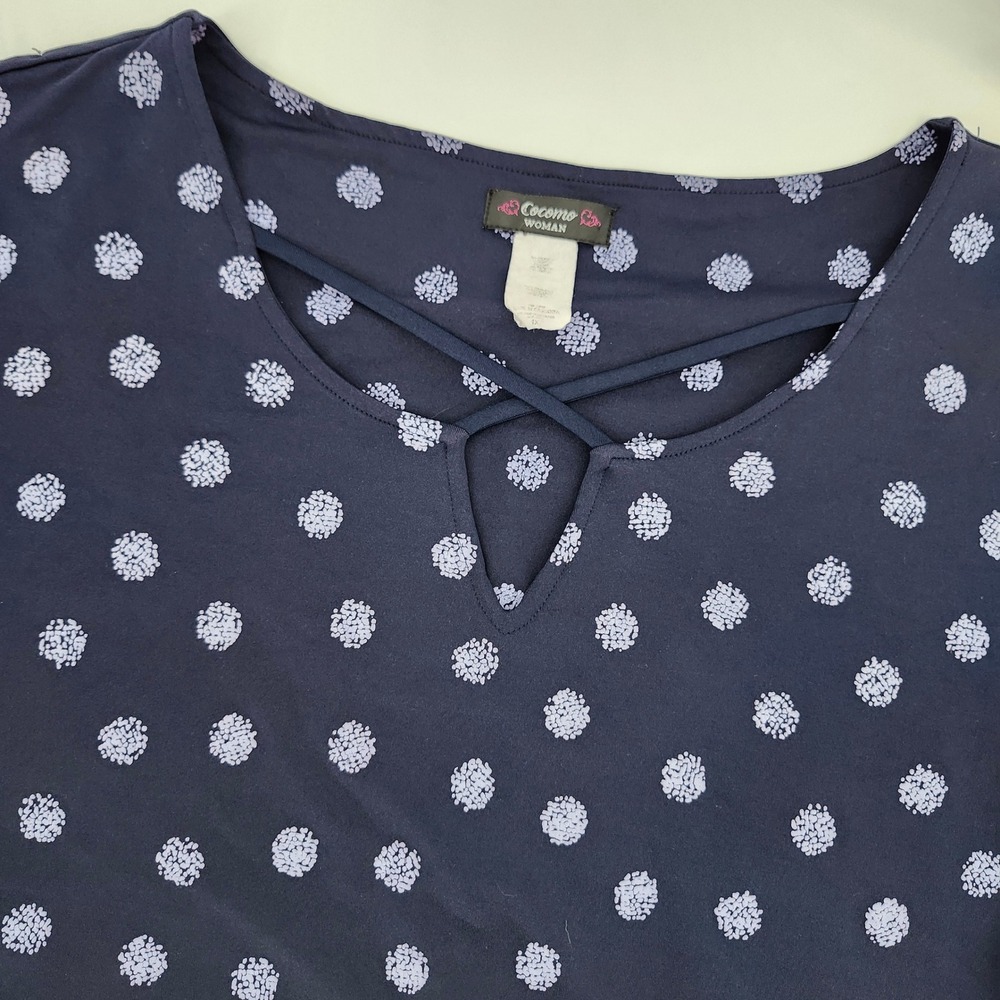 Cocomo Woman Blue Polka Dot Popover Top 1X Coastal Chic Stretch Everyday Office